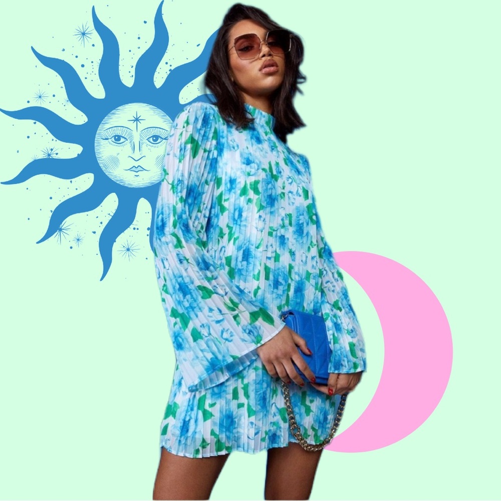 Floral Chiffon Pleated Flare long Sleeve Dress -size 4-6